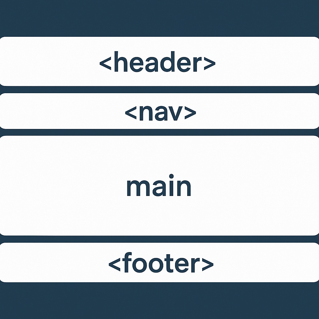Example of semantic HTML document structure showing header, nav, main, and footer elements